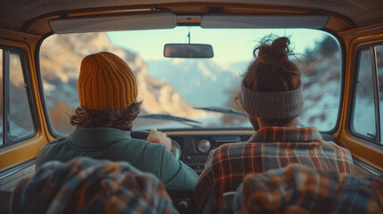 a couple in a retro Van on a road trip