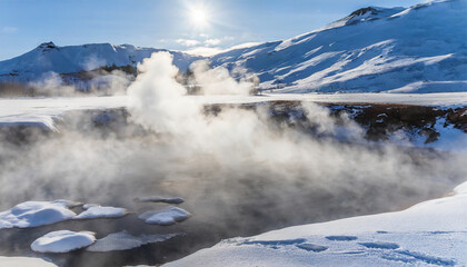 Mist Ascending from Snow-Covered Geothermal Hot Spring