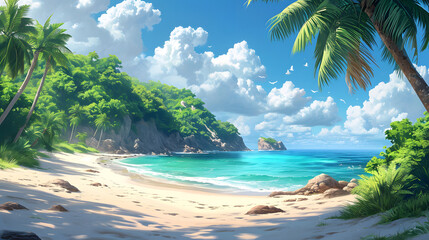 Beautiful tropical beach along the coastline, seaside, coconut tree side view of sandy beach. blue sky, background wallpaper. - obrazy, fototapety, plakaty