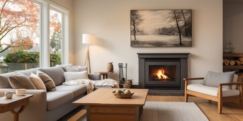 Photo of warm living room with wooden table, grey corner settee, painting, and fireplace.