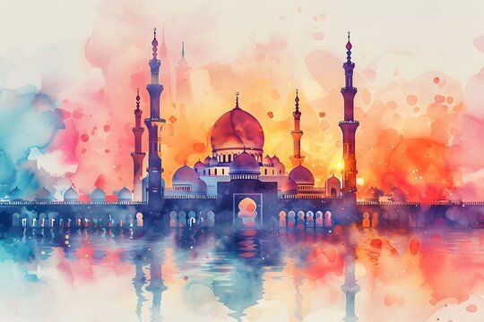Heavenly Image: Watercolor Paintings of Islamic Mosques in Vector Art Illustration