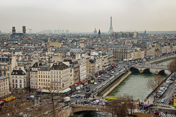 The aerial view of the city of Paris and the River Seine from the rooftop of the Notre-Dame de Paris