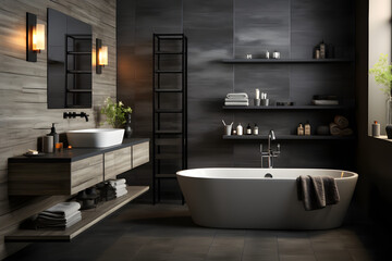 Fototapeta na wymiar minimalist bathroom interior design in black, light gray and white with furniture