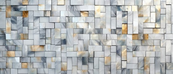 Sophistication meets geometry in this abstract arrangement of white, gold, and gray marble stone tiles, Ai Generated.
