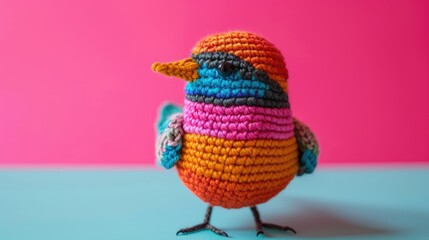 Crocheted bird toy vibrant backdrop, handcrafted and adorable, Ai Generated