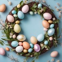 top view of spring easter composition with pastel easter eggs laying on a wicker wreath on a light blue background