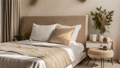 Contemporary Home Interior Elements: Cozy Beige Bedroom with Elegant Bed Headboard, Linen Bedding, Bedside Table, and Natural Decor Accents, Closeup