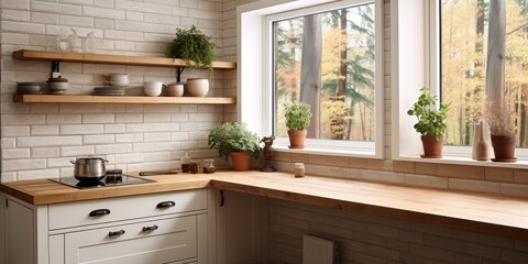Fototapeta premium Scandinavian-style cottage kitchen with forest view, white wood decor, brick accents, countertop, and plant.