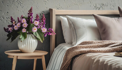 Contemporary Home Interior Elements: Cozy Beige Bedroom with Elegant Bed Headboard, Linen Bedding, Bedside Table, and Natural Decor Accents, Closeup