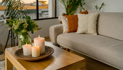 Fototapeta na wymiar Contemporary Home Interior Features: Cozy Beige Living Room with Sofa, Stylish Pillows, Wooden Table adorned with Candles and Natural Decor