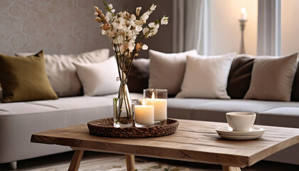 Contemporary Home Interior Features: Cozy Beige Living Room with Sofa, Stylish Pillows, Wooden Table adorned with Candles and Natural Decor