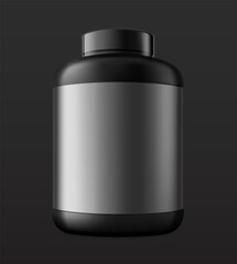 Plastic black bottle mockup for sports nutrition. Vector illustration isolated on black background. Can be use for template your design, presentation, promo, ad. EPS10.