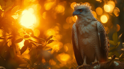 A harpy eagle perched on a branch against a backdrop of golden sunset light, AI generated - obrazy, fototapety, plakaty