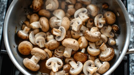 Sizzling mushrooms cooking in a saucepan, releasing savory aromas, Ai Generated