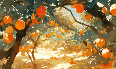 Watercolor, orange grove with lots of oranges growing on the trees , Generative AI