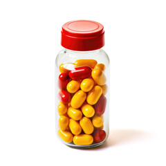Clear bottle filled with colorful red and yellow vitamins or capsules, Ai Generated.