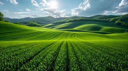 Beautiful panoramic view of green meadows with blue sky, field.