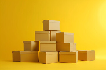 Pile of various size taped up cardboard boxes isolated on yellow background.