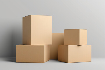 Pile of various size taped up cardboard boxes isolated on grey background.
