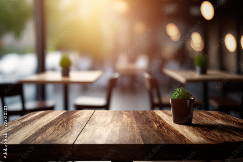 Poster wooden table blurred background of restaurant of cafe with bokeh. flawless generative ai