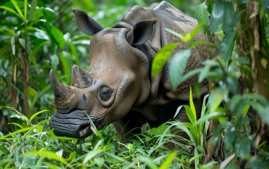 A Sumatran rhino in a tropical forestnatural habitat,Red list. Red book