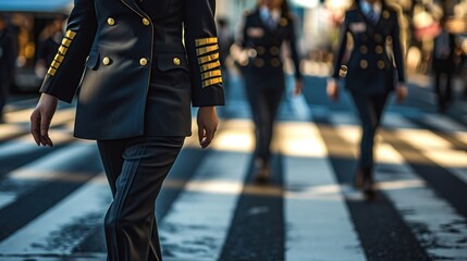 Close-up of woman in a military uniforms walking on the crosswalk - obrazy, fototapety, plakaty
