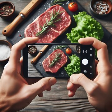 Food Content Creator Capturing a Photo of a Cooked Steak on a Wooden Board Using a Smartphone