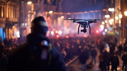 Police officer using drone to monitor crowd