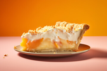 Slice of peach fruit pie with cream on orange background