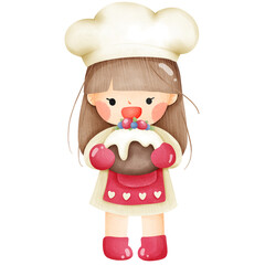 Cute girl with a cake bakery watercolor drawing