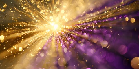 Closeup of a starburst pattern in gold and purple glitter confetti, sunlit to create a dazzling, starry-night bokeh