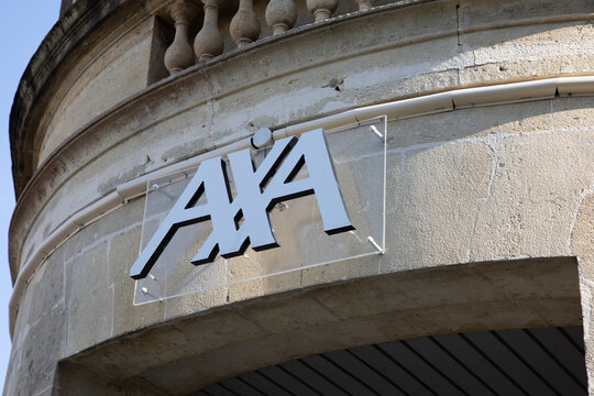 axa white logo text and brand french sign on facade of bank investment and insurance