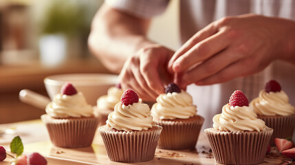 closeup of hands gently placing raspberries atop freshly frosted cupcakes