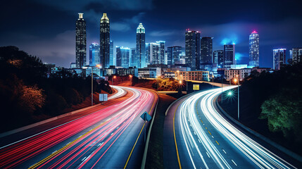 bustling cityscape at night, showcasing the vibrant light trails created by the rush of traffic