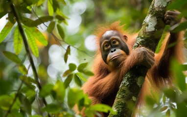 A Sumatran orangutan climbing a tree in the tropical forest.  Red book