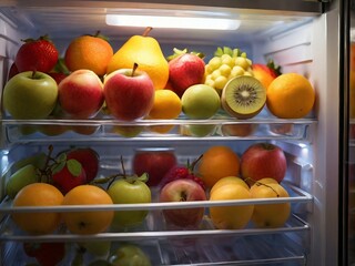 Refrigerator inside view, contains some fresh fruits, healthy lifestyle, lot of vitamin fruits, Apples, Avocados, Cranberry etc