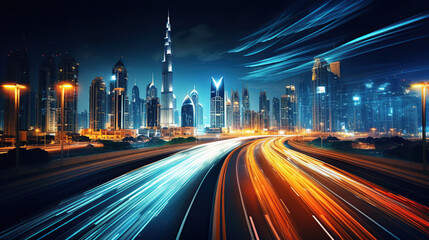 Fototapeta na wymiar bustling cityscape at night, showcasing the vibrant light trails created by the rush of traffic