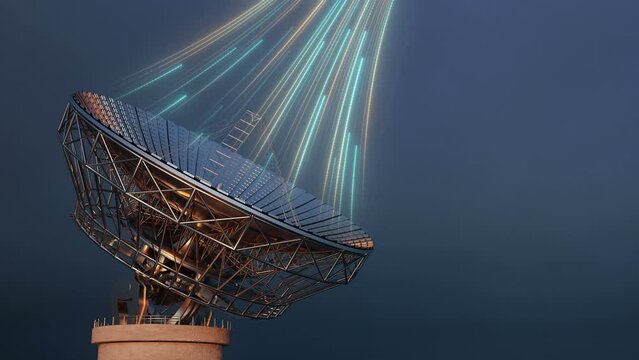 3d Animation of a satellite dish rotating and beaming signals to space