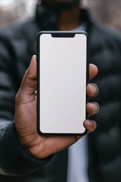 Mockup image of male hand holding smartphone with blank white screen