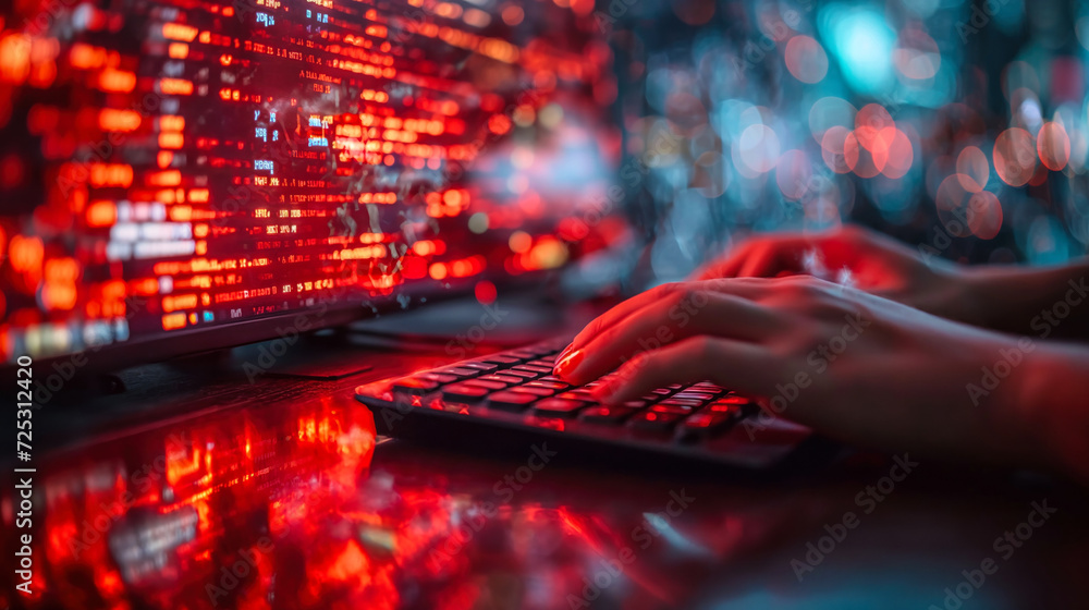 Poster close-up of hands typing on a backlit keyboard with a glowing red cybercode display, depicting a cyb