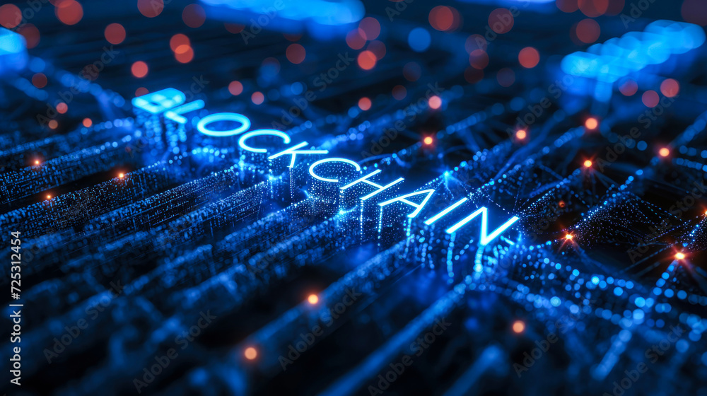 Poster futuristic blockchain technology concept on digital circuit board with glowing nodes and connections