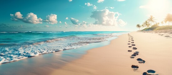 Summer vacation in a tropical climate with footprints on an empty sandy beach landscape. - obrazy, fototapety, plakaty