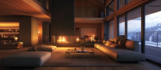 Cozy loft with a fireplace and comfortable interior.