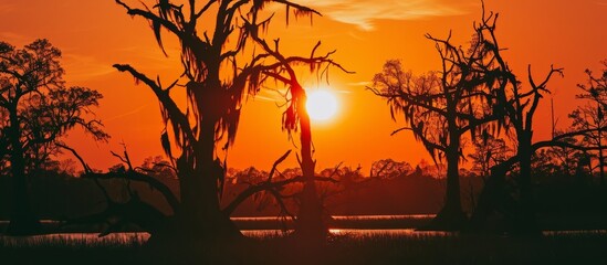 Swamp trees forming silhouettes as the sun sets.