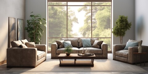 Furniture decoration in a living space with sofa, table, chair, and window style.