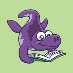 Vector cute dino mosasaurs reading a book cartoon character vector illustration