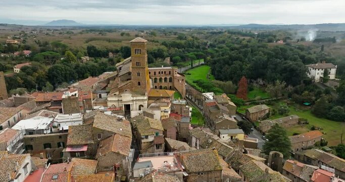 Aerial view cityscape Sutri Italy. Landscape of the ancient architecture of the old city with cobblestone streets. High quality 4k footage