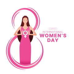 International women's day - Woman long hair wearing a pink dress holding female symbol on line curve number eight sign on vector design