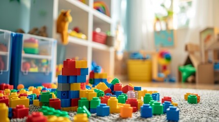 Many different toys children constructor blocks on floor in childs room - obrazy, fototapety, plakaty