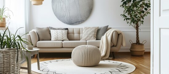 Place a pouf next to a beige couch with cushions in a living room featuring a white circular rug and a silver artwork.